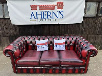 *Vintage Oxblood Leather Chesterfield Sofa 3 Seater FREE DELIVERY 🚚 * • £750