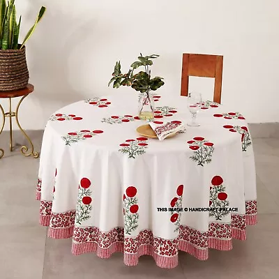 Block Print Tablecloth Round White Red Cotton Floral Linen With Napkins Set • $53.99