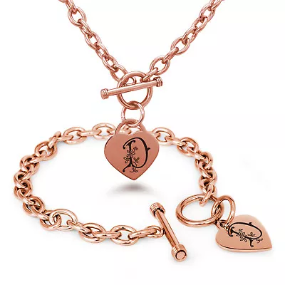 Stainless Steel Rose Gold Floral Monogram Heart Charm Bracelet Necklace Set • $14.50