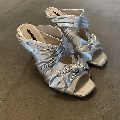 Zara Basic Women's Metallic Silver Lazo Heel Sandals Size 9/40 Stiletto Shoes • $35
