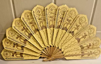 Vintage- Art Deco Hand Fan Paper W/ Gold Painted Figures Appears To Be Egyptian • $25