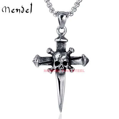 MENDEL Mens Stainless Steel Gothic Biker Skull Cross Pendant Necklace For Men • $12.99