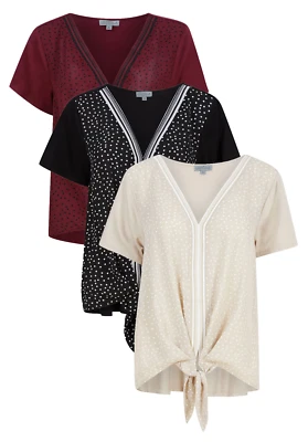 £9.95 • Buy Ladies Joseph V Neckline Tie Front Spot Blouse Top Black Beige Wine