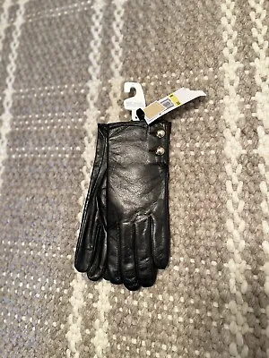 Michael Kors Womens Black Soft Leather Gold Logo Button Tech Gloves Sz M • $55
