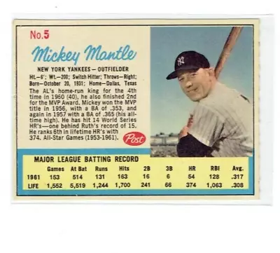 1962 Post Cereals  Mickey Mantle #5   Nice Card No Creases • $90