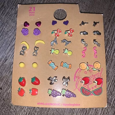 Girls 21 Pair Earrings Fruit Glasses Mustache Heart Rose Flip Flop Beach  • $15.99