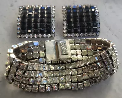 Vtg  Auth Les Bernard Black Clear Crystals Earrings Silver Color Clips Square • $35.99