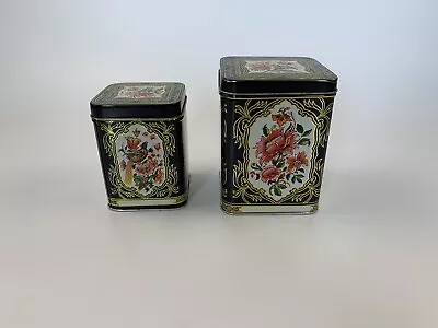 Lot 2 Vintage Nesting Tins Tea Caddies Metal Containers Black Gold Asian Motifs • $9.99