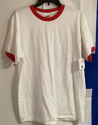 Vintage Anvil Ringer T-Shirt Large Plain White Red Deadstock Pre Shrunk Cotton • $12.99