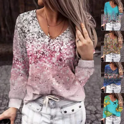 Plus Size Summer Floral Tops Printed Loose Ladies Long Sleeve Blouse Shirts Tee • £10.46