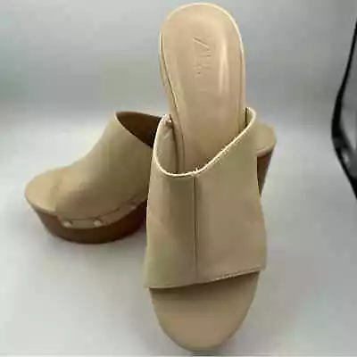 Zara Platform Sandals Sz 9 US Sz 40 EU Block Heel Beige Faux Leather Shoes • $34.90