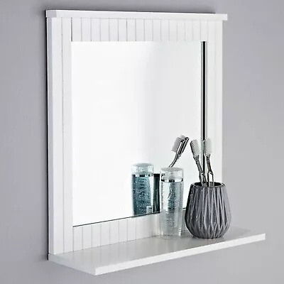 Wood Framed Mirror Wall-Mounted Bathroom Mirror With Shelf Hanging Vanity White • £18.94