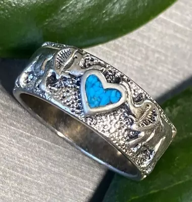 Blue Turquoise Heart Vintage Ring Elephant Stack Band Size 7 Estate Jewelry • $40