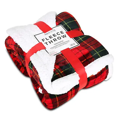 NQP Red Checked Sherpa Fleece Blanket Fluffy Throw Double 150x200cm Check Tartan • £12.99
