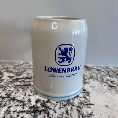 Lowenbrau Vintage Beer Stein Stoneware Mug Germany Cream Blue 0.5L • $11.99