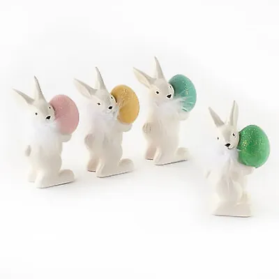 Set/4 6  Spring Ceramic Easter Bunny W/ Glitter Eggs Figurine Vtg Retro Decor • $28.77