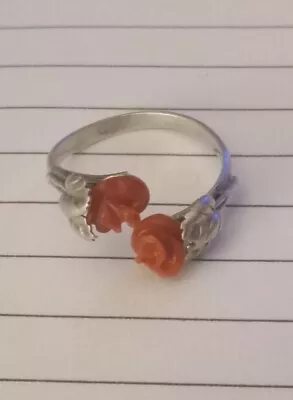 Vtg Dainty Floral Red Coral Carved Roses Adjustable Ring Sterling Silver 925 • $57.98