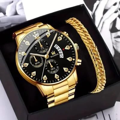Gold Mens Dual Display Watch With Black Dial And Gold Bracelet (imitation Gold) • £19.99