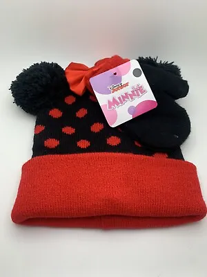 Disney Junior Minnie Mouse Winter Hat Matching Mittens Poms Beanie New Snow Gear • $7.99