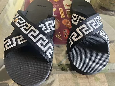 Mens Authentic NWOT Versace Blk&wht Crisscross Slides 10 US -43 W/dust Cover • $99.99