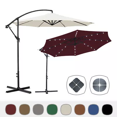 3m Banana Parasol Garden Sun Shade Canopy Patio LED Cantilever Umbrella Base • £118.95