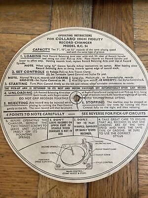 £12 • Buy Paper Operating Instructions For COLLARO High Fidelity Record Player R.C 54