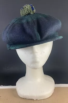 Vintage Scottish Clan Wear Tartan Plaid Hat Cap Pom Pom Wool Green Blue Scotland • $39.99