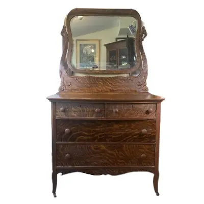 Antique Oak 4 Drawer Bowed Front Dresser With Beveled Mirror Beautiful Grain! • $495
