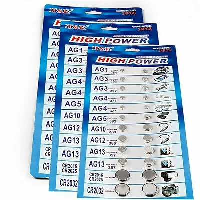 24 ASSORTED Watch Cell Batteries AG1/3/4/10/12/13 CR2016/2025/2032 Toys GM • £3.19