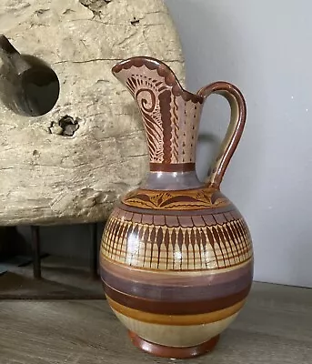 Vintage Tonala Burnished Mexico Pottery Handle Pitcher Vase Folk Art Large 12” • $38.65