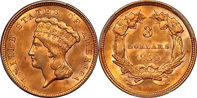 1854 Indian Princess Gold $3 Three Dollars PCGS MS-62 • $3995