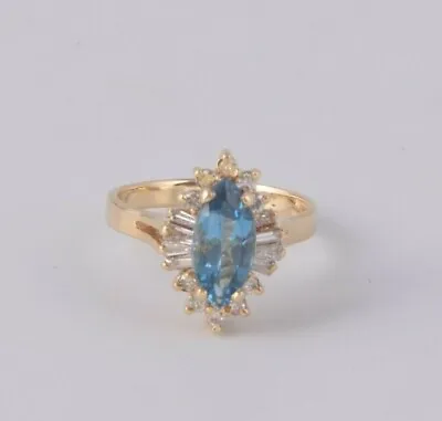 14k Yellow Gold Marque Blue Topaz & Diamond Ladies Ring • $499