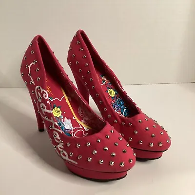 ED HARDY Authentic Herve Studded 5 Inch Heel Platform Shoe Pink Size 10 • $29.99