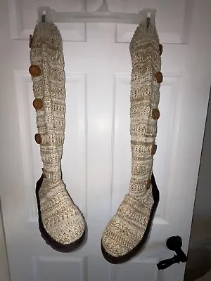 Muk Luks Tan/Brown Sweater Boots Button Detail Cable Knit Knee High US SIZE 9 • $24.99