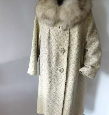 Vintage Glamorous Bobby Jean '50's Midi Coat Wool  W Fur Collar Ivory Gray Med • $77.25