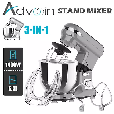 Electric Stand Mixer 1400W 6.5L Kitchen Food Beater Cake Aid Whisk Bowl Grey • $119.90