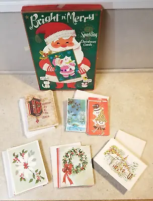 110 Vintage Christmas Cards W/Envelopes Unused 1950s 1960s Glitter Flocked Box • $74.99