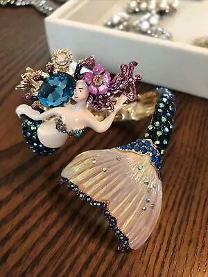 Betsey Johnson Mermaid Bangle Bracelet Blue Rhinestone Gold Tone Hinged MSRP$125 • $52