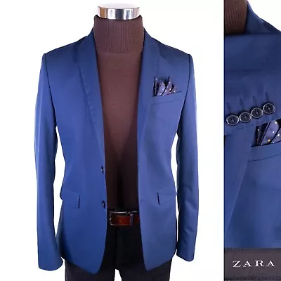 Zara Bazer Mens US Sz 36 Solid Blue 2 Button Sport Coat Jacket Blazer Poly Blend • $29.75