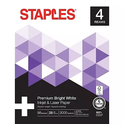 Staples 8.5  X 11  Laser Paper 28 Lbs. 98 Brightness 500/RM 4 Reams/Carton • $51.79