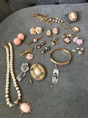 $23.50 • Buy Vintage 1928 Brand Jewelry Lot Victorian Style Porcelain Roses Cameo & Cabochons