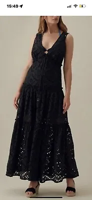Karen Millen Black Cotton Broderie Anglaise Summer Tiered Long Maxi Dress Medium • £10