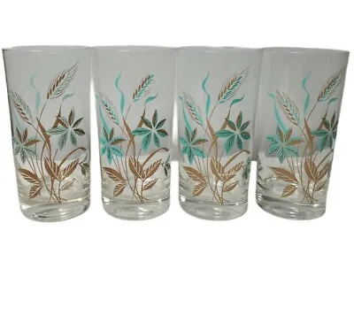 Blue Floral MCM Barware Set 1960s Mid Century Clear Glass Tumblers  Lot Of 4 • $23.99