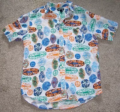 Lands End Shirt Linen Hawaiian Surfboard Print Short Sleeve Button Mens M • $19.94