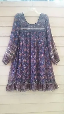 Vintage 70's Indian Cotton Gauze Mixed Print Midi Dress S • $275