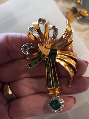 Vintage Signed Mayer Brooch Pin Goldtone With Faux Emerald And Rhinestones • $149.99