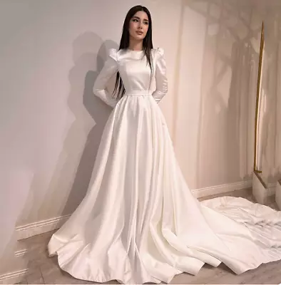Ivory Muslim Wedding Dresses A Line Long Sleeve Bride Dress Classic Sleeveless • $144.29