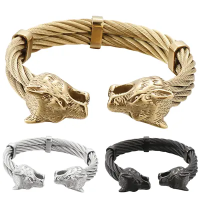 £21.85 • Buy Mens Viking Wolf Head Twisted Double Ganged Bangle Stainless Steel Cuff Bracelet