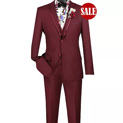 HAS TO GO! Men's Slim-Fit 3pc Trimmed Lapel Textured Suit BURGUNDY 38 R $359+ • $76.46