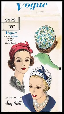 VOGUE 9922 Designer Sally Victor HATS Fabric Sewing Pattern Chemo Alopecia ~22 ~ • $5.49